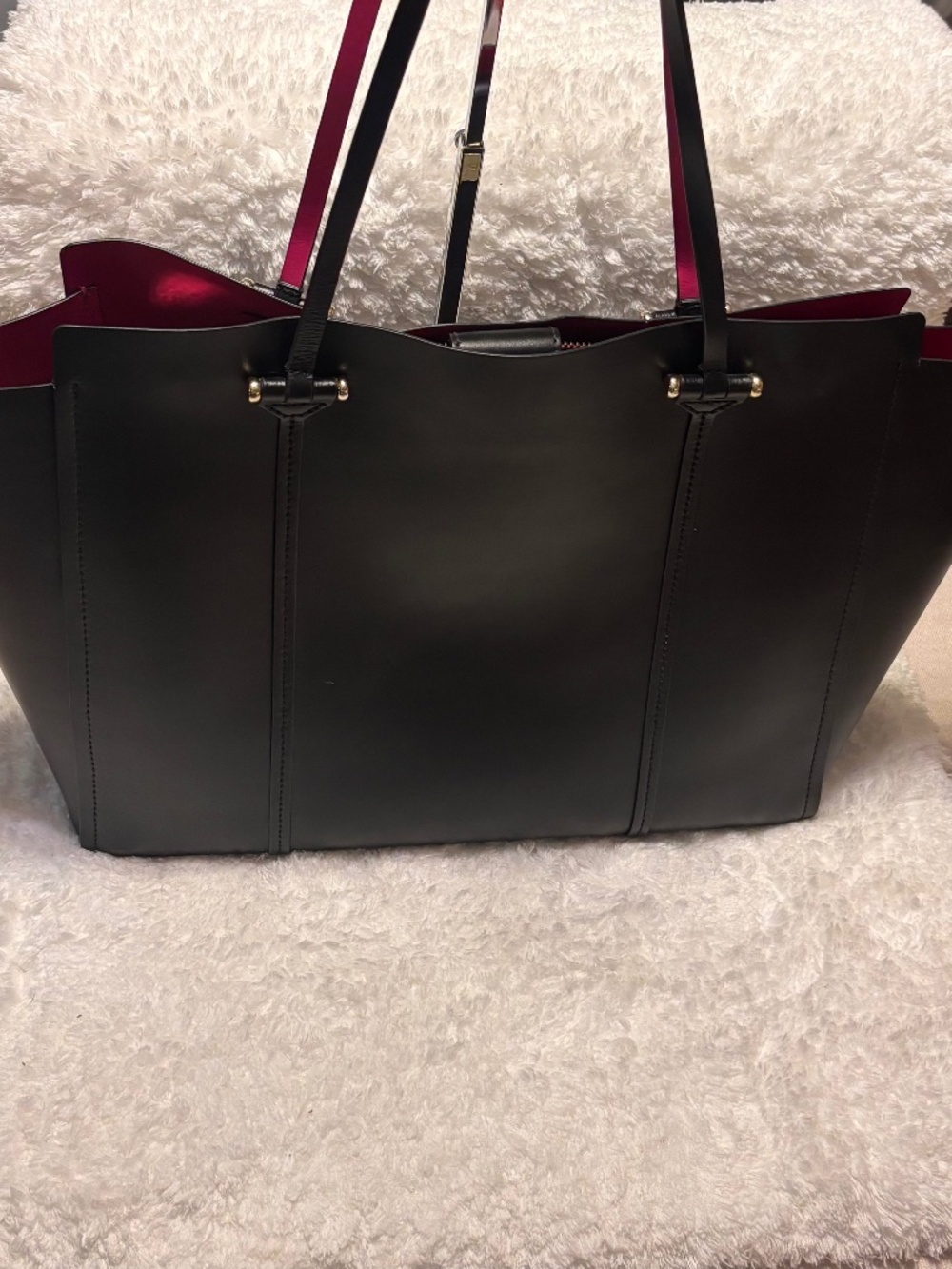 Kate Spade Black Leather Tote Shoulder Bag With Pink Interior